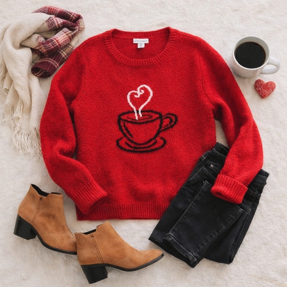 cupcakes & cashmere Valentine Red Sweater with Heart and Coffee Cup Design. Med.